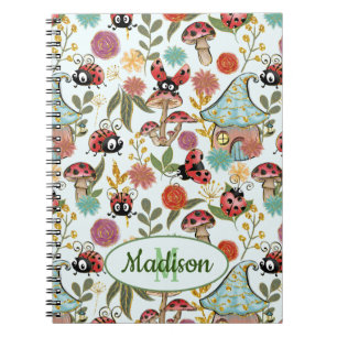 Niedliche Whimsical Ladybugs Mushrooms Blume Monog Notizblock