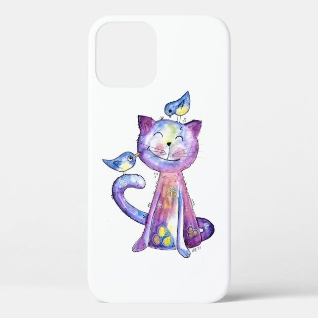 Niedliche Whimsical Lila Katze mit Vögeln Case-Mate iPhone Hülle (Rückseite)