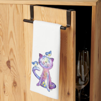 Niedliche Whimsical Lila Katze mit Vögeln Geschirrtuch
