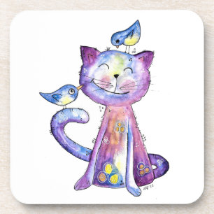 Niedliche Whimsical Lila Katze mit Vögeln Getränkeuntersetzer