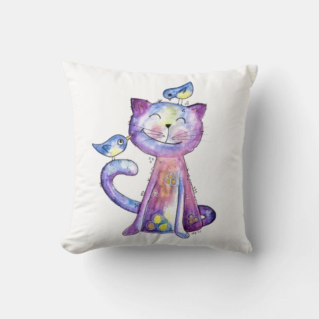 Niedliche Whimsical Lila Katze mit Vögeln Kissen (Vorderseite)