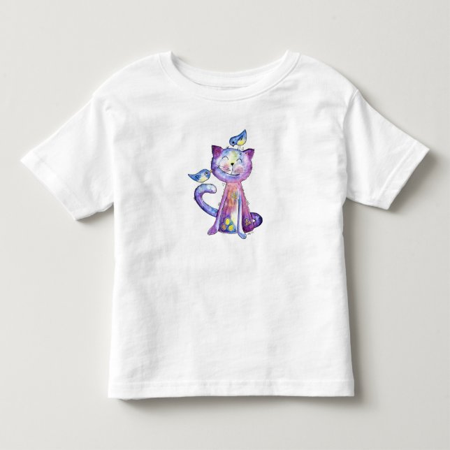 Niedliche Whimsical Lila Katze mit Vögeln Kleinkind T-shirt (Vorderseite)