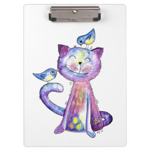Niedliche Whimsical Lila Katze mit Vögeln Klemmbrett