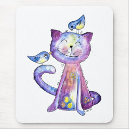 Niedliche Whimsical Lila Katze mit Vögeln Mousepad