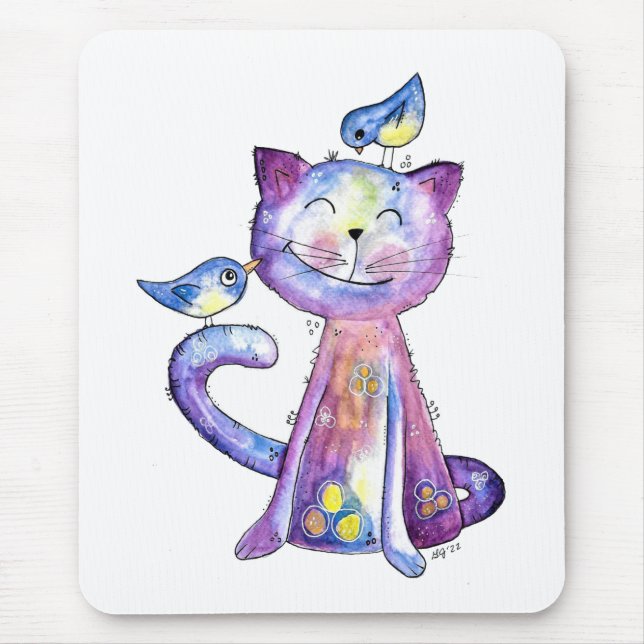 Niedliche Whimsical Lila Katze mit Vögeln Mousepad (Vorne)