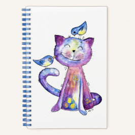 Niedliche Whimsical Lila Katze mit Vögeln Notizbuch