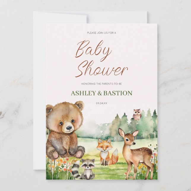 Niedliche Whimsical Neutral Woodland Animal Baby D Einladung (Vorderseite)