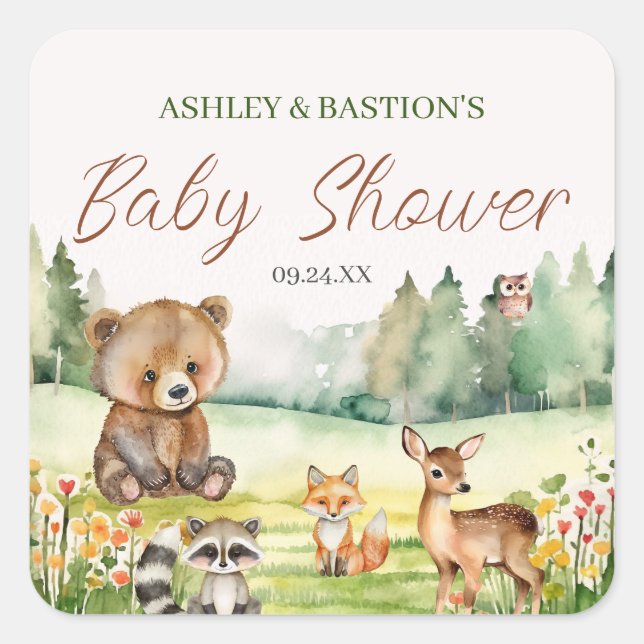 Niedliche Whimsical Neutral Woodland Animal Baby D Quadratischer Aufkleber (Vorderseite)