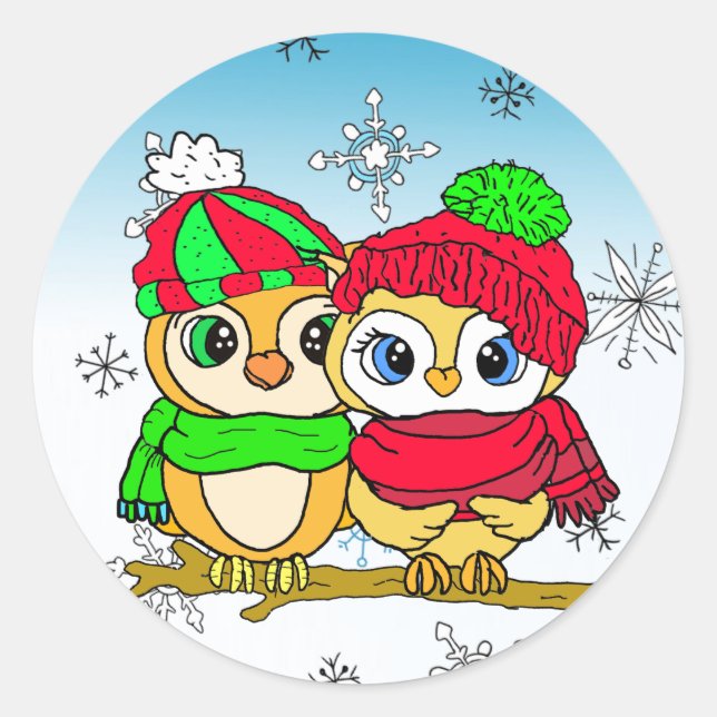 Niedliche Whimsical Owls am Winterweihnachtsfest Runder Aufkleber (Vorderseite)