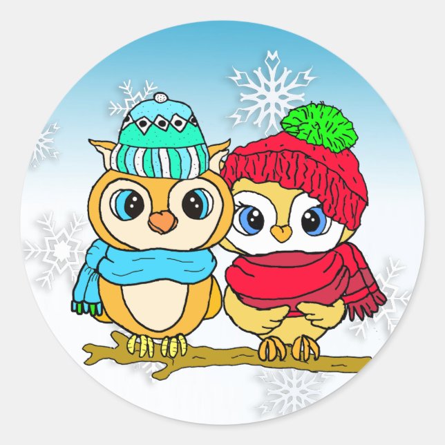 Niedliche Whimsical Owls auf Zweigweihnachtsfeiern Runder Aufkleber (Vorderseite)