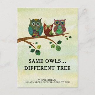 Niedliche Whimsical Owls Wasserfarbe Neue Adresse Ankündigungspostkarte