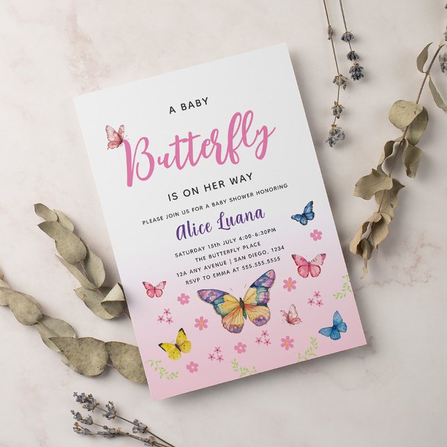Niedliche Whimsical Pink Butterfly Girls Babydusch Einladung (Von Creator hochgeladen)