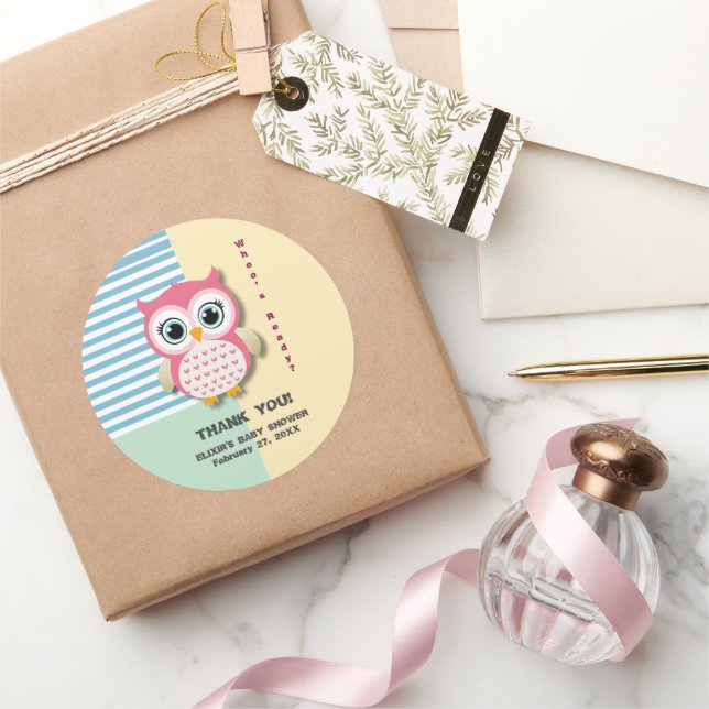 Niedliche Whimsical Pink Owl Babydusche Runder Aufkleber (Schenken)