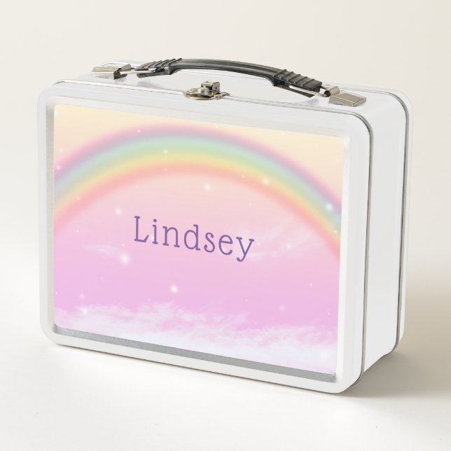 Niedliche Whimsical Pink Rainbow Kinder Metall Brotdose (Vorderseite)