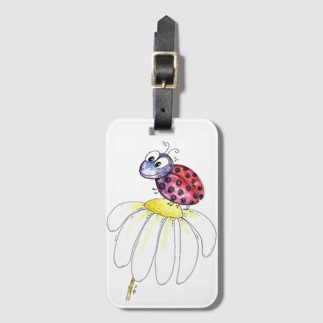 Niedliche Whimsical Red Ladybug auf einer weißen B Gepäckanhänger (Vorderseite Vertikal)