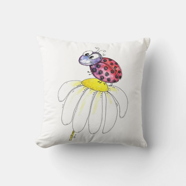 Niedliche Whimsical Red Ladybug auf einer weißen B Kissen (Vorderseite)