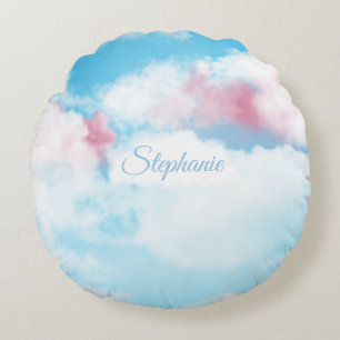Niedliche Whimsical Sky Pink und Blue Clouds Rundes Kissen