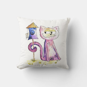 Niedliche Whimsical Sneaky Cat mit Birdhouse Kissen