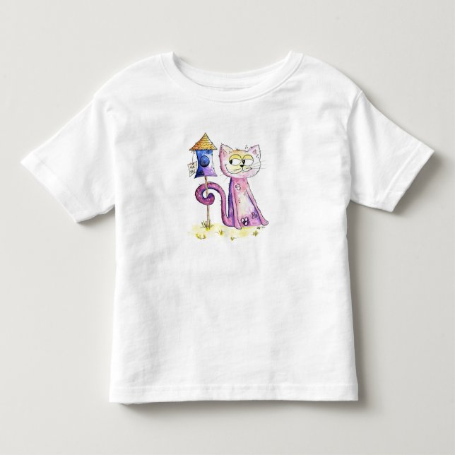 Niedliche Whimsical Sneaky Cat mit Birdhouse Kleinkind T-shirt (Vorderseite)