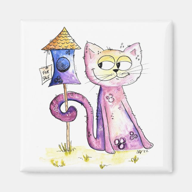 Niedliche Whimsical Sneaky Cat mit Birdhouse Magnet (Vorne)