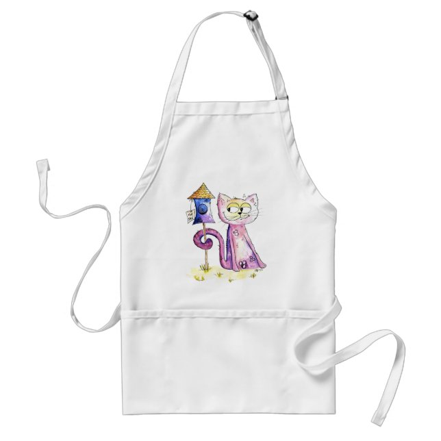 Niedliche Whimsical Sneaky Cat mit Birdhouse Schürze (Vorne)