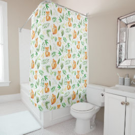 Niedliche Whimsical Watercolor Fox Green Blätter Duschvorhang