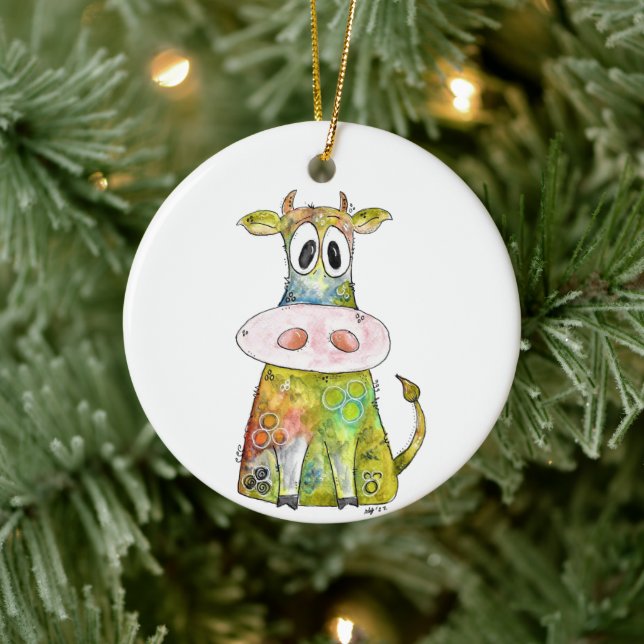 Niedliche Whimsikfarbene Kuh Keramik Ornament (Baum)