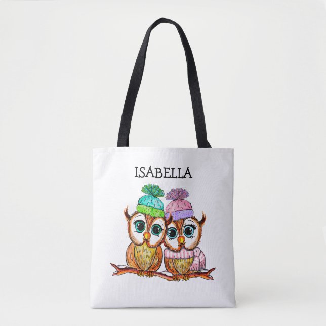 Niedliche whimsikfarbene Owls Personalisiert Tasche (Vorderseite)