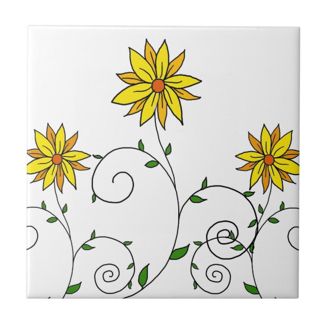 Niedliche Whimsikgelbe Blumen Doodle Art Fliese (Vorderseite)