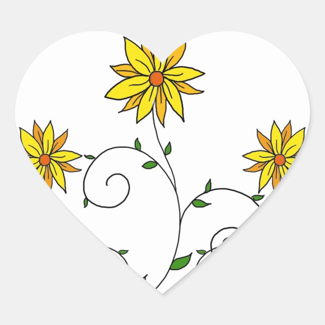 Niedliche Whimsikgelbe Blumen Doodle Art Herz-Aufkleber (Vorderseite)
