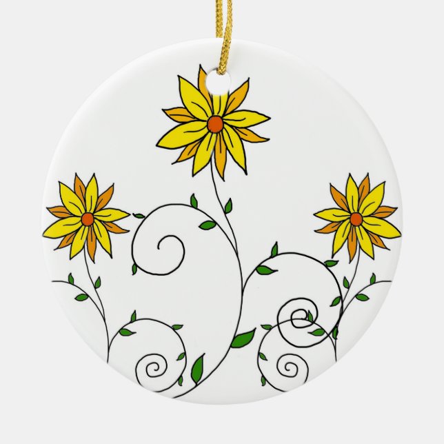 Niedliche Whimsikgelbe Blumen Doodle Art Keramikornament (Vorne)