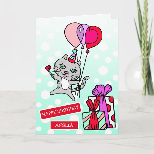 Niedliche Whimsikkatze und Balloons Geburtstag Karte (Vorderseite)