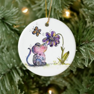 Niedliche Whimsikmouse und Blume Keramik Ornament