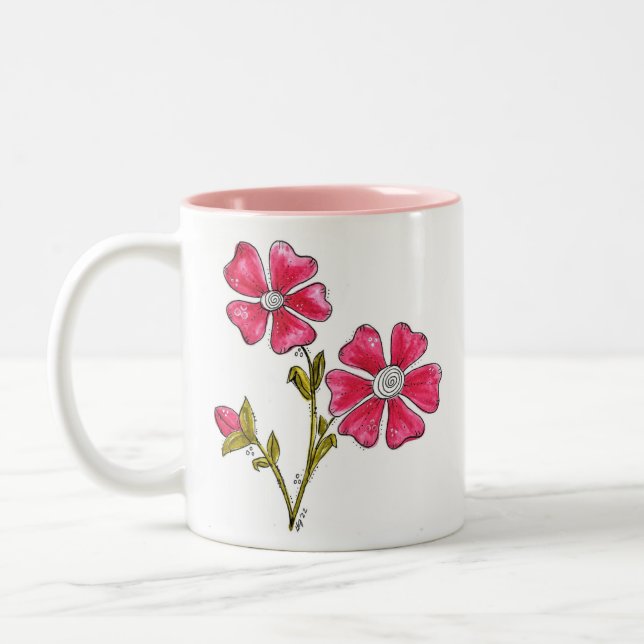 Niedliche Whimsikrosa Blume Zweifarbige Tasse (Links)
