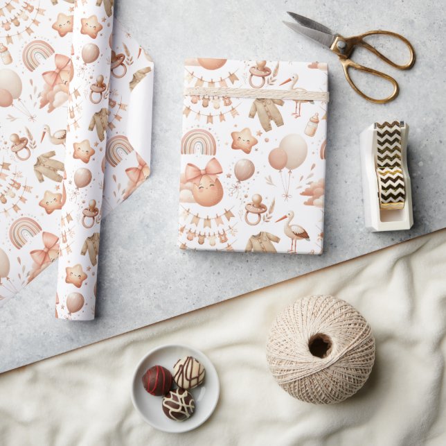 Niedliche Whimsy Baby Dusche Beige Wrapping Paper  Geschenkpapier (Kunsthandwerk)