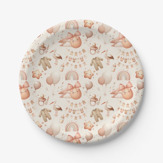 Niedliche Whimsy Babydusche Beige Papier Teller (Vorderseite)