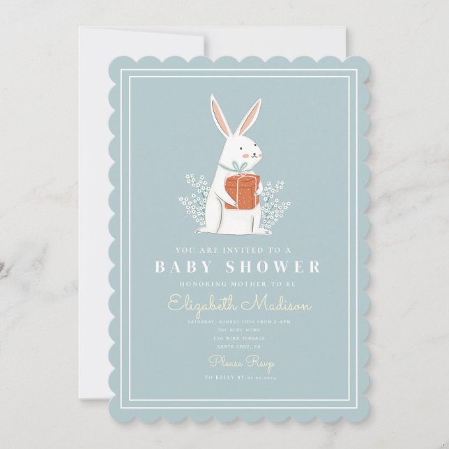 Niedliche White Bunny Blue Babydusche Einladung (Vorderseite)