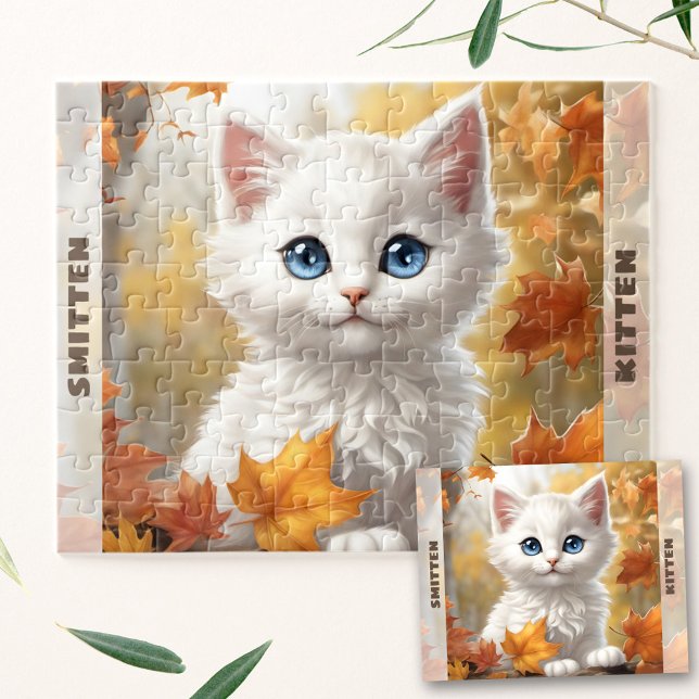Niedliche White Cat Kitten Herbst Individuelle Nam (Cute White Cat Kitten Fall Autumn Custom Name Jigsaw Puzzle)