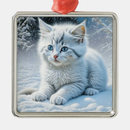 Niedliche White Cat Playing im Schnee Weihnachten Ornament Aus Metall