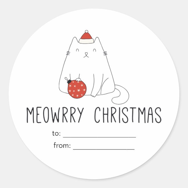 Niedliche White Cat Weihnachtsmannmütze mit Weihna Runder Aufkleber (Vorderseite)