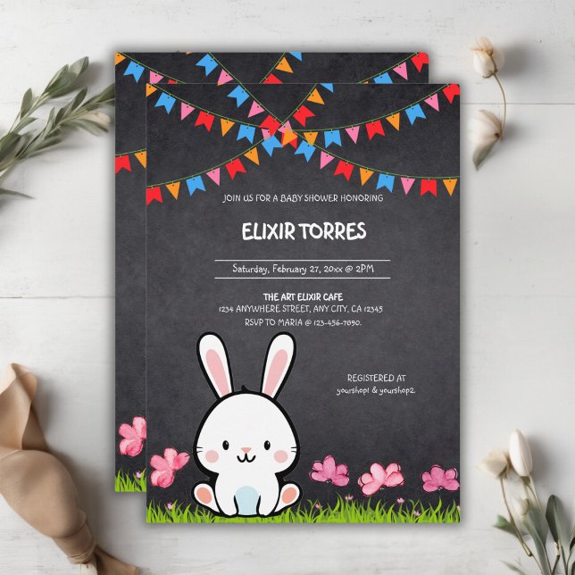Niedliche White Chalkboard Bunny Baby Dusche Einladung (Von Creator hochgeladen)