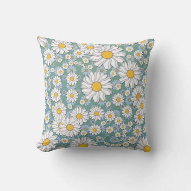 Niedliche White Daisies auf Dusty Aquamarin Blue G Kissen (Vorderseite)