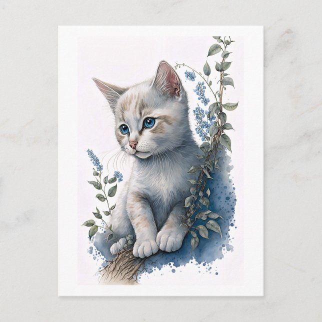Niedliche White Kitte Postkarte mit Blumendetails (Vorderseite)