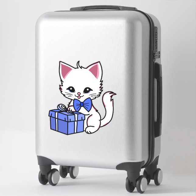 Niedliche White Kitten mit blauem Geschenk Aufkleber (Koffer)