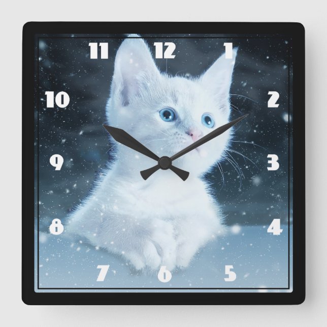 Niedliche White Kitten mit Hübschen Blue Eyes Quadratische Wanduhr (Vorderseite)