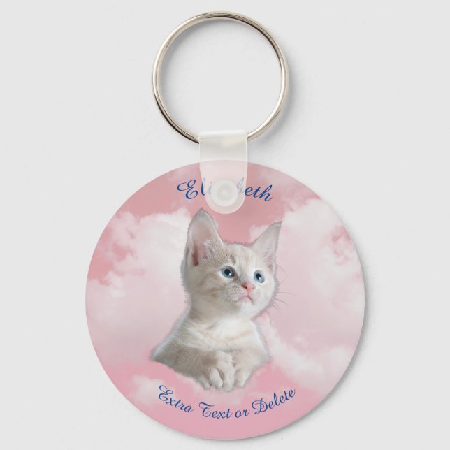 Niedliche White Kitten Pink Sky, Blue Name & Extra Schlüsselanhänger (Vorderseite)