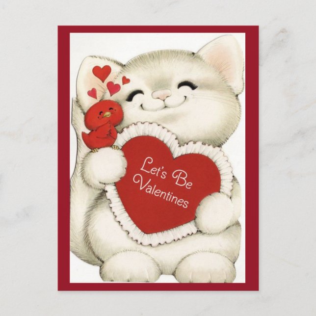 Niedliche White Kitten & Red Bird Vintag Valentine Postkarte (Vorderseite)