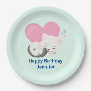 Niedliche White Kitty Cat Schlafen Geburtstag Pappteller