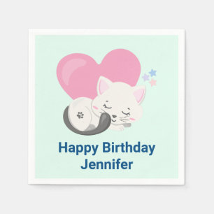 Niedliche White Kitty Cat Schlafen Geburtstag Serviette