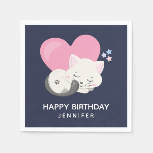 Niedliche White Kitty Cat Schlafen Geburtstag Serviette